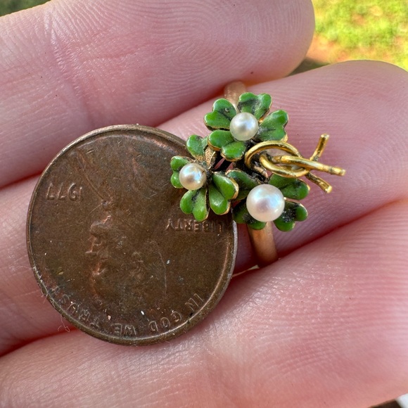 Rare!! Antique solid 10k  pin conversion  4 leaf clover genuine seed pearl ring - Picture 9 of 16